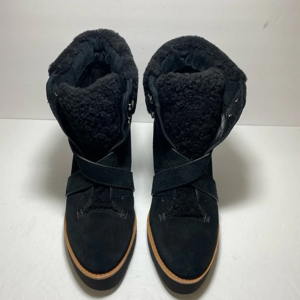 Coach Kenna Shearling Suede Black Leather  Wedge Booties Ankle Boots Size 7.5